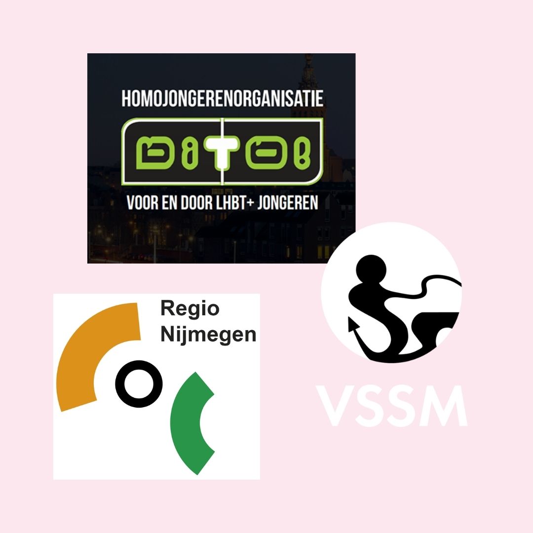 Drie afbeeldingen op een zachtroze achtergrond. Linksbovenin een afbeelding met de tekst 'Homojongerenorganisatie' met daaronder het logo (oude) van Dito! en het onderschrift 'Voor en door LHBT+ jongeren'. Daar rechtsonder staat het zwart-witte logo van VSSM. Linksonderin staat het logo van COC Regio Nijmegen.